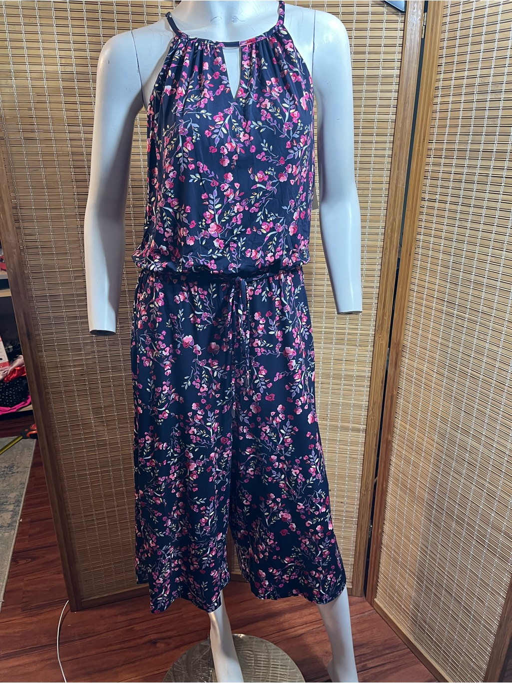 Nwt Womens London Times Spring Buds Floral Crop Jumpsuit Navy Pink 12